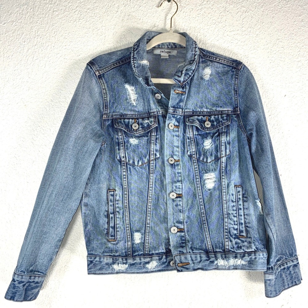 Refuge Womens Distressed Denim Jacket Medium Wash Cotton Trucker Size S